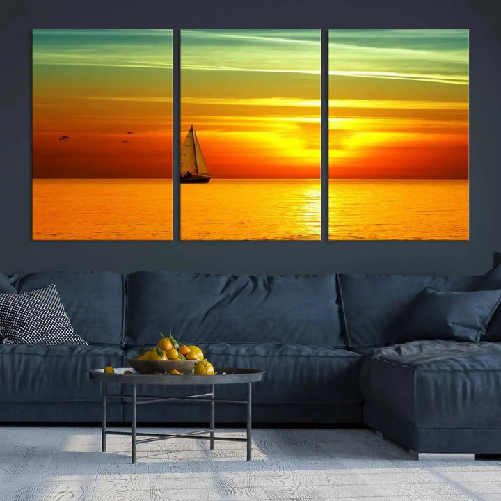 The "Wall Art Canvas Sailboat and Sailors at Sunset" is a triptych showcasing a vibrant sunset over the sea with a sailboat, elegantly displayed on gallery-wrapped, museum-quality canvas. The artworks feature a UV-protective coating to ensure their radiant colors are preserved for years to come.