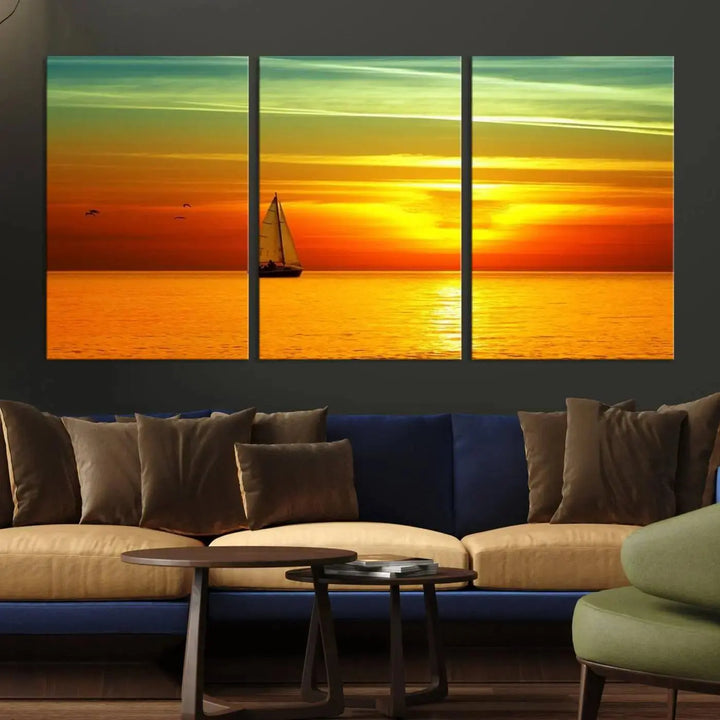 The "Wall Art Canvas Sailboat and Sailors at Sunset" is a triptych showcasing a vibrant sunset over the sea with a sailboat, elegantly displayed on gallery-wrapped, museum-quality canvas. The artworks feature a UV-protective coating to ensure their radiant colors are preserved for years to come.