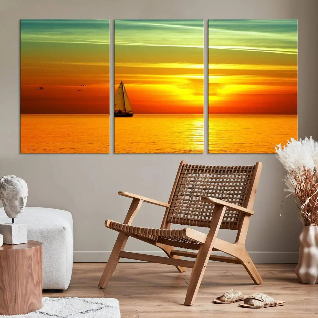 The "Wall Art Canvas Sailboat and Sailors at Sunset" is a triptych showcasing a vibrant sunset over the sea with a sailboat, elegantly displayed on gallery-wrapped, museum-quality canvas. The artworks feature a UV-protective coating to ensure their radiant colors are preserved for years to come.