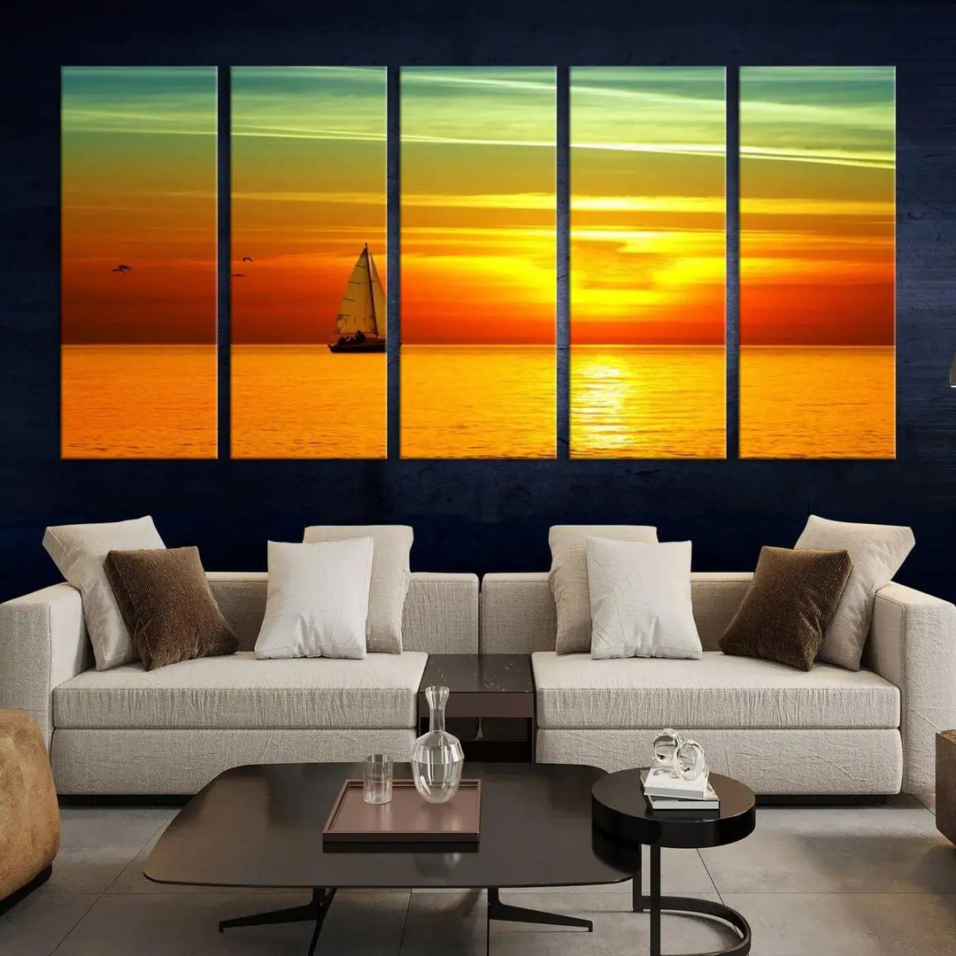 The "Wall Art Canvas Sailboat and Sailors at Sunset" is a triptych showcasing a vibrant sunset over the sea with a sailboat, elegantly displayed on gallery-wrapped, museum-quality canvas. The artworks feature a UV-protective coating to ensure their radiant colors are preserved for years to come.