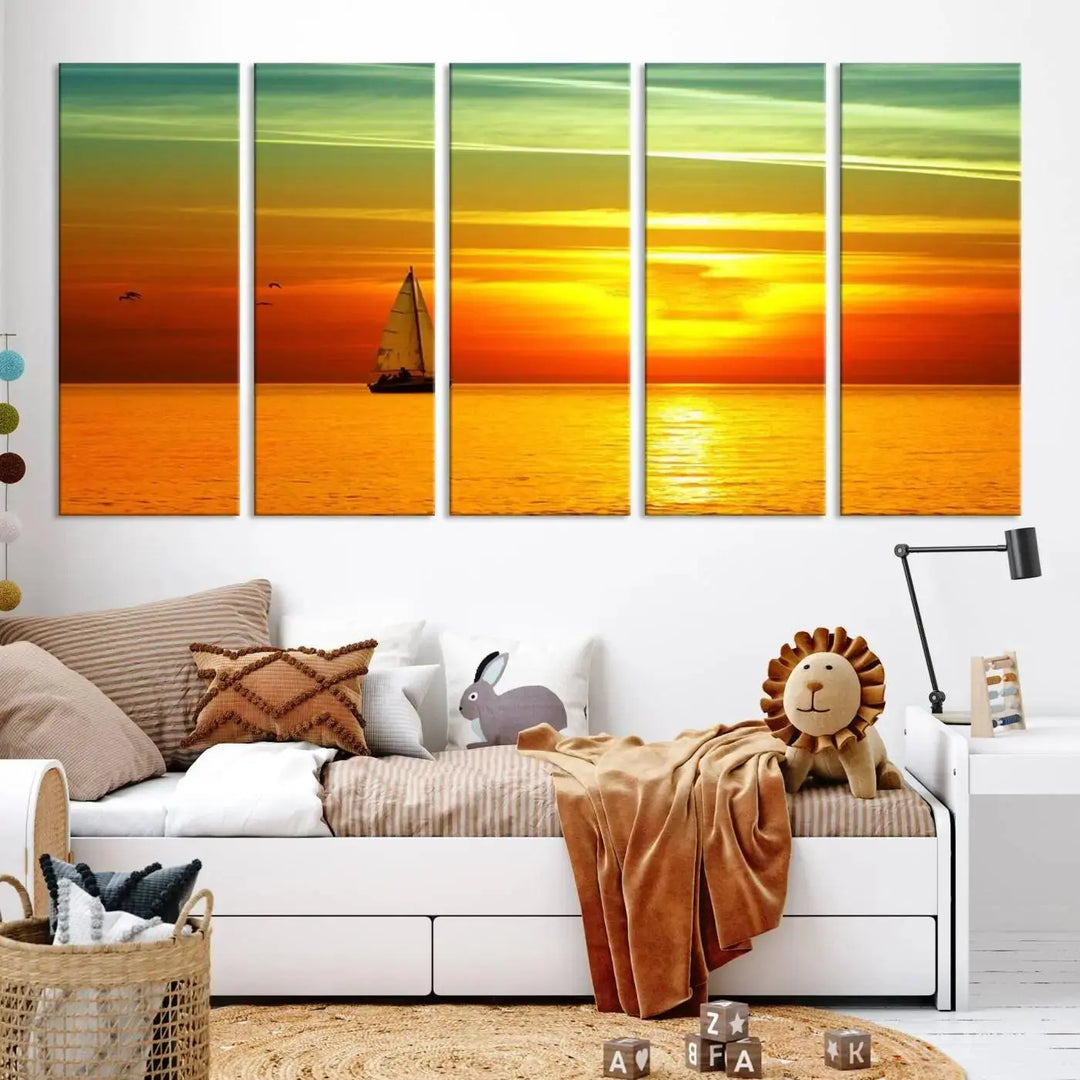 The "Wall Art Canvas Sailboat and Sailors at Sunset" is a triptych showcasing a vibrant sunset over the sea with a sailboat, elegantly displayed on gallery-wrapped, museum-quality canvas. The artworks feature a UV-protective coating to ensure their radiant colors are preserved for years to come.