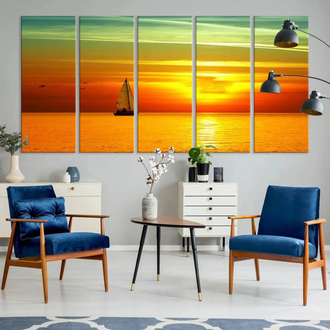 The "Wall Art Canvas Sailboat and Sailors at Sunset" is a triptych showcasing a vibrant sunset over the sea with a sailboat, elegantly displayed on gallery-wrapped, museum-quality canvas. The artworks feature a UV-protective coating to ensure their radiant colors are preserved for years to come.