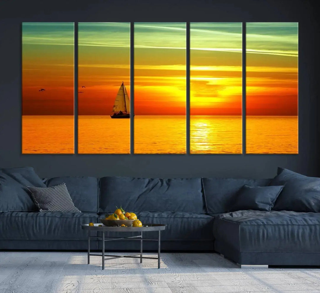 The "Wall Art Canvas Sailboat and Sailors at Sunset" is a triptych showcasing a vibrant sunset over the sea with a sailboat, elegantly displayed on gallery-wrapped, museum-quality canvas. The artworks feature a UV-protective coating to ensure their radiant colors are preserved for years to come.