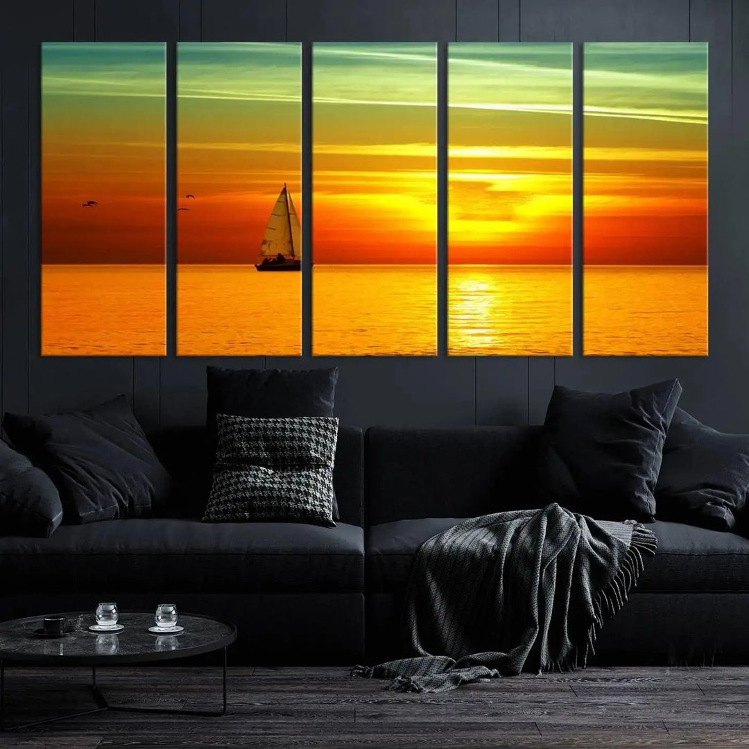 The "Wall Art Canvas Sailboat and Sailors at Sunset" is a triptych showcasing a vibrant sunset over the sea with a sailboat, elegantly displayed on gallery-wrapped, museum-quality canvas. The artworks feature a UV-protective coating to ensure their radiant colors are preserved for years to come.