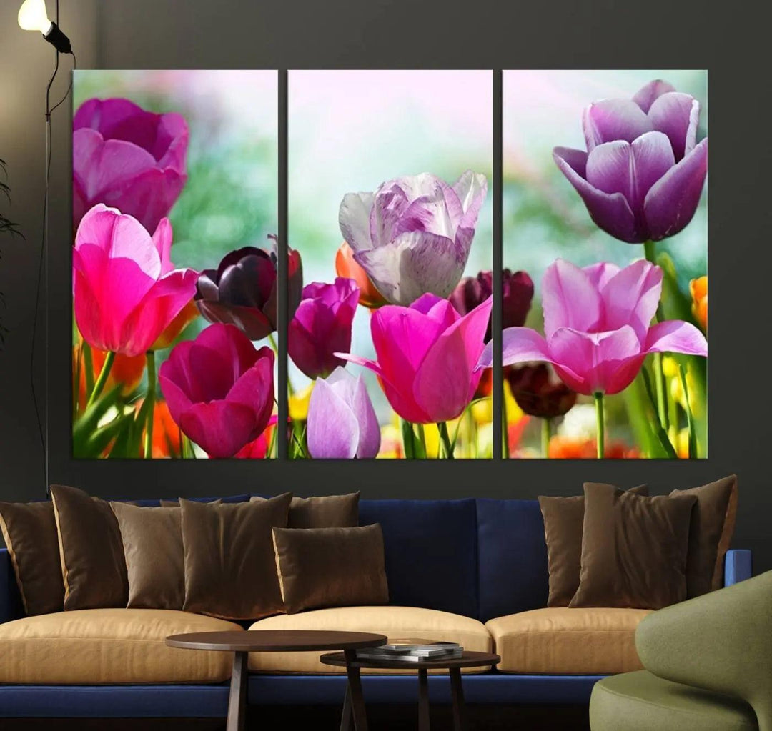 The Wall Art Colorful Flowers Panoramic Canvas Print showcases gallery-wrapped museum-quality canvases with a UV-protective coating for enduring beauty.