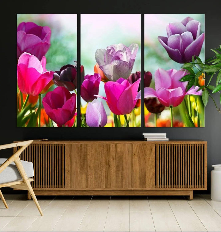 The Wall Art Colorful Flowers Panoramic Canvas Print showcases gallery-wrapped museum-quality canvases with a UV-protective coating for enduring beauty.