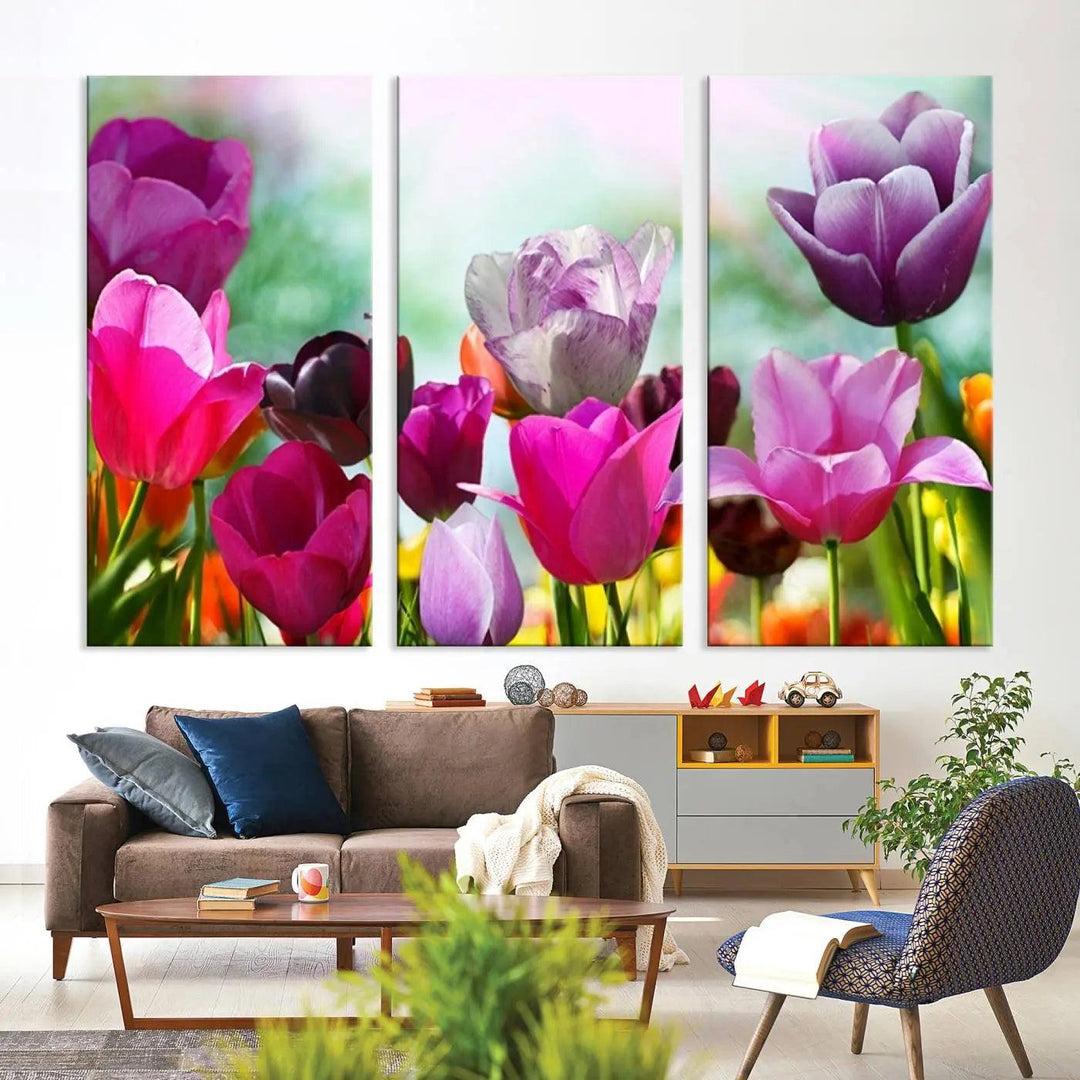 The Wall Art Colorful Flowers Panoramic Canvas Print showcases gallery-wrapped museum-quality canvases with a UV-protective coating for enduring beauty.