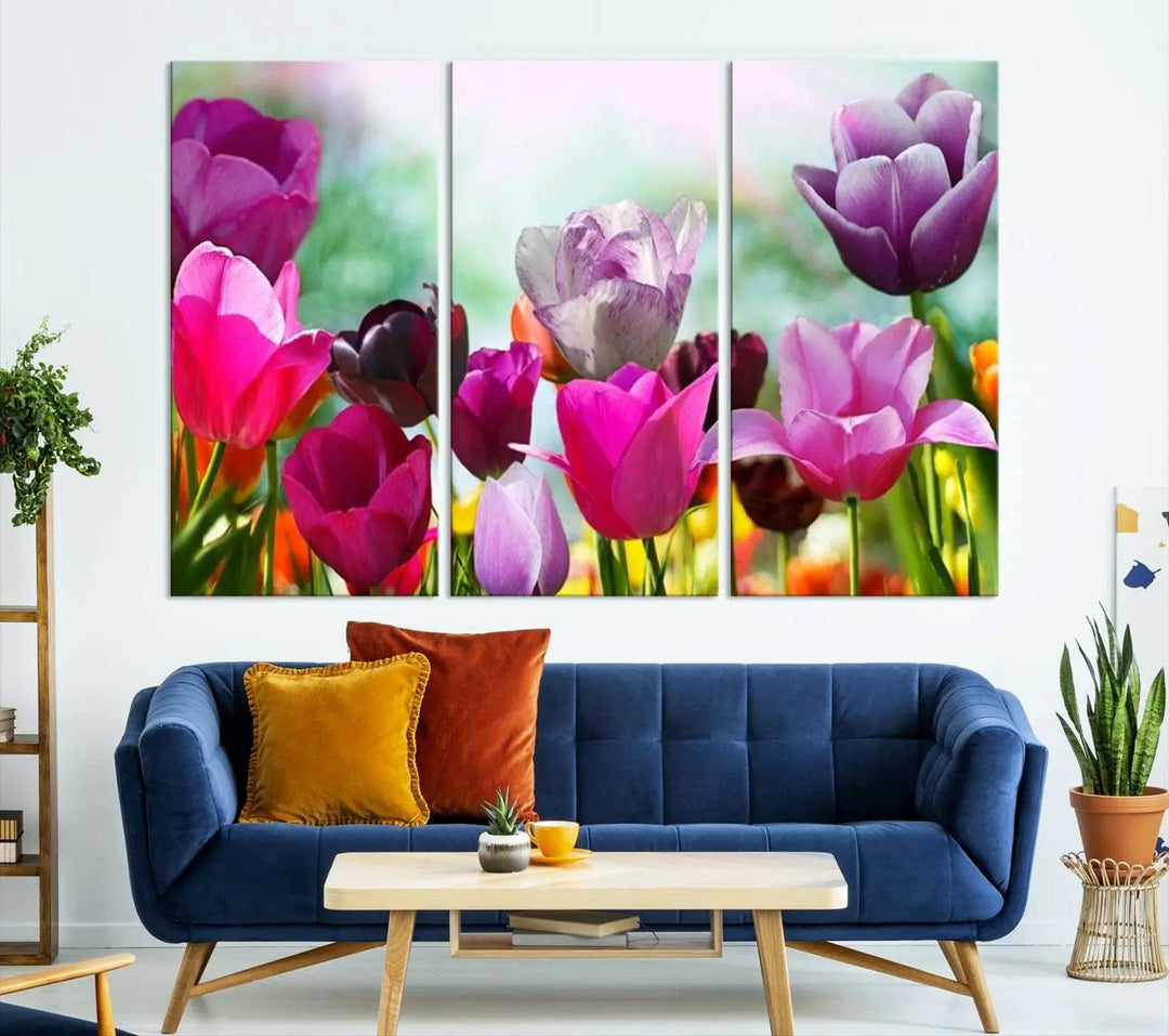 The Wall Art Colorful Flowers Panoramic Canvas Print showcases gallery-wrapped museum-quality canvases with a UV-protective coating for enduring beauty.