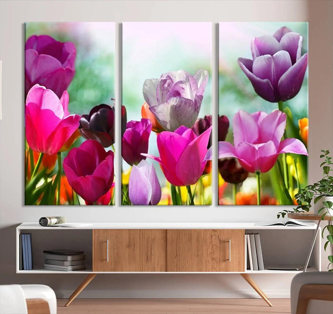 The Wall Art Colorful Flowers Panoramic Canvas Print showcases gallery-wrapped museum-quality canvases with a UV-protective coating for enduring beauty.