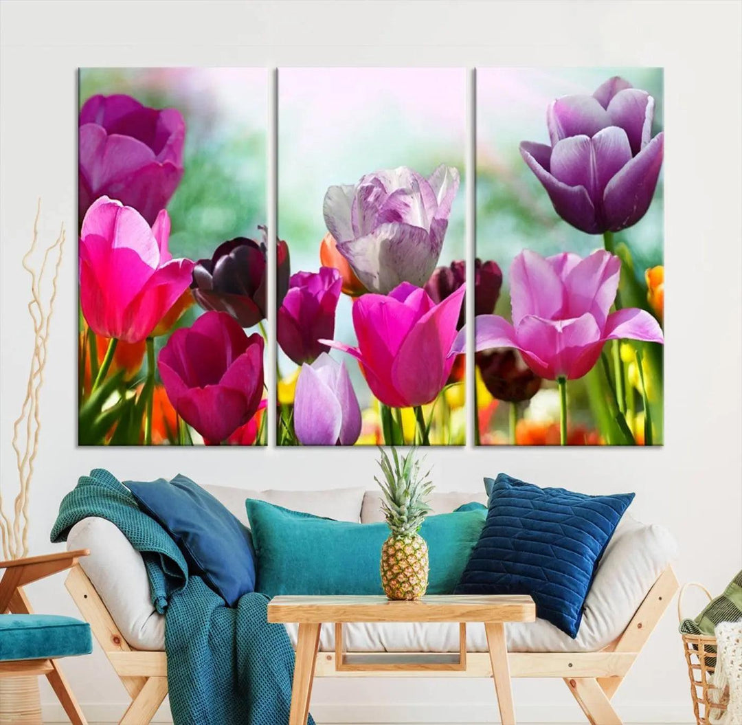 The Wall Art Colorful Flowers Panoramic Canvas Print showcases gallery-wrapped museum-quality canvases with a UV-protective coating for enduring beauty.