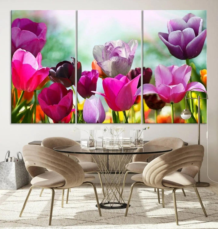 The Wall Art Colorful Flowers Panoramic Canvas Print showcases gallery-wrapped museum-quality canvases with a UV-protective coating for enduring beauty.