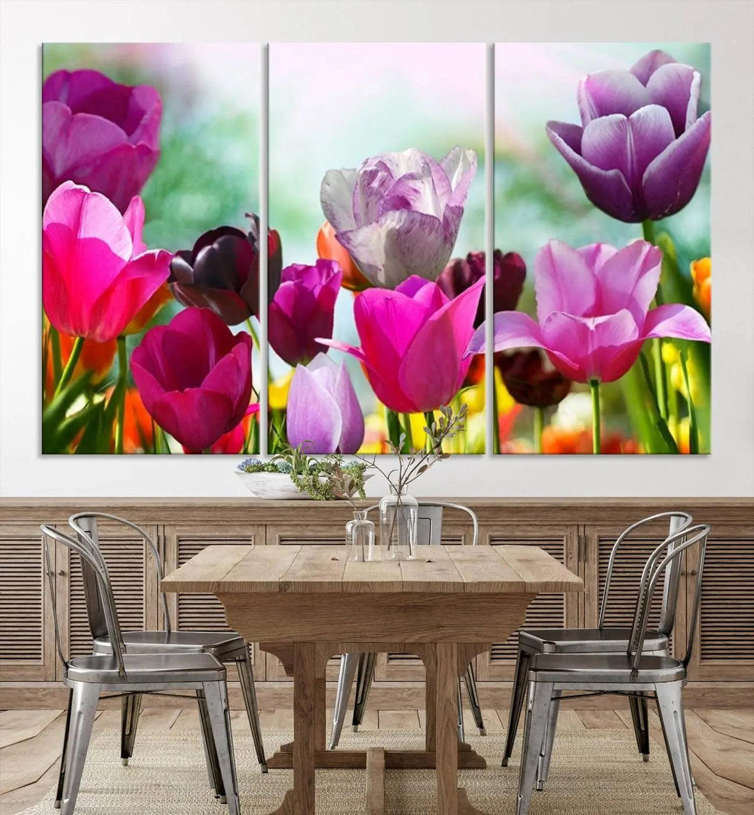 The Wall Art Colorful Flowers Panoramic Canvas Print showcases gallery-wrapped museum-quality canvases with a UV-protective coating for enduring beauty.