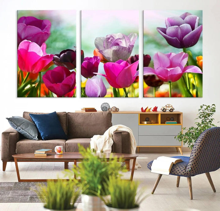 The Wall Art Colorful Flowers Panoramic Canvas Print showcases gallery-wrapped museum-quality canvases with a UV-protective coating for enduring beauty.