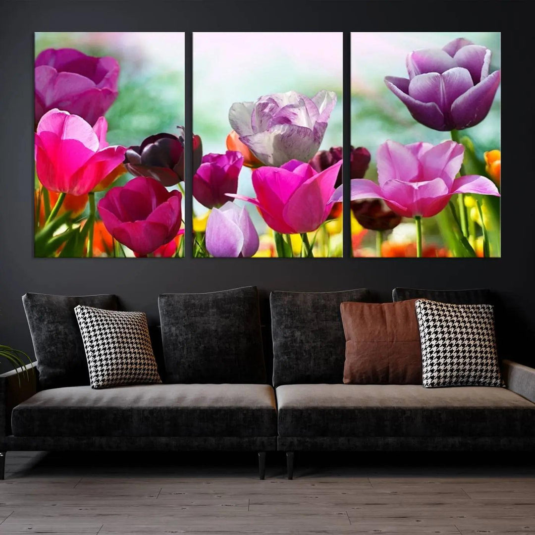 The Wall Art Colorful Flowers Panoramic Canvas Print showcases gallery-wrapped museum-quality canvases with a UV-protective coating for enduring beauty.