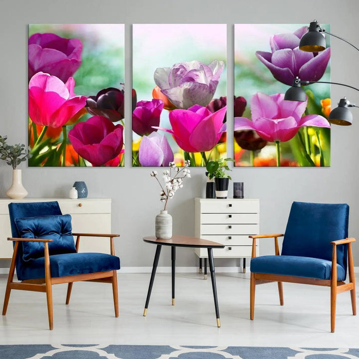 The Wall Art Colorful Flowers Panoramic Canvas Print showcases gallery-wrapped museum-quality canvases with a UV-protective coating for enduring beauty.