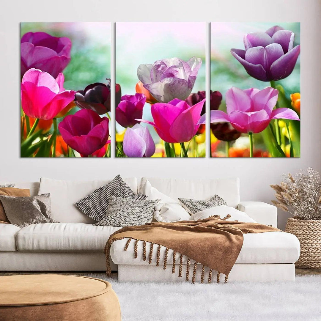 The Wall Art Colorful Flowers Panoramic Canvas Print showcases gallery-wrapped museum-quality canvases with a UV-protective coating for enduring beauty.