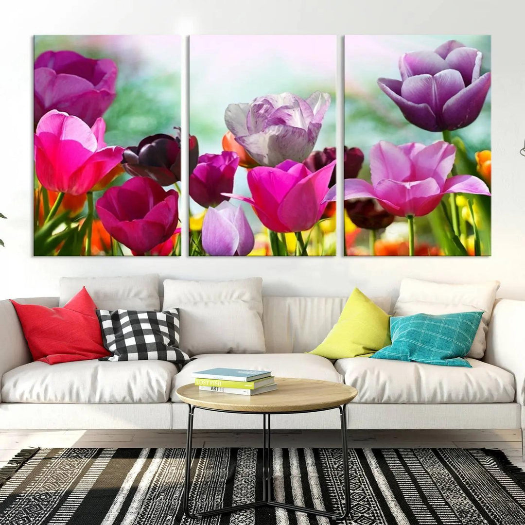 The Wall Art Colorful Flowers Panoramic Canvas Print showcases gallery-wrapped museum-quality canvases with a UV-protective coating for enduring beauty.