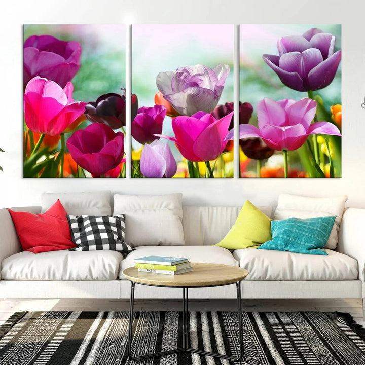 The Wall Art Colorful Flowers Panoramic Canvas Print showcases gallery-wrapped museum-quality canvases with a UV-protective coating for enduring beauty.