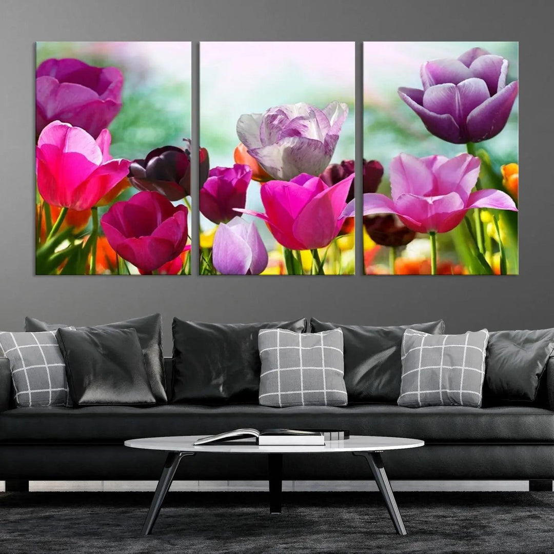 The Wall Art Colorful Flowers Panoramic Canvas Print showcases gallery-wrapped museum-quality canvases with a UV-protective coating for enduring beauty.