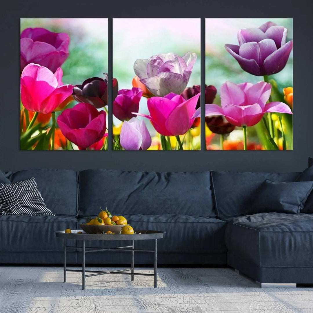 The Wall Art Colorful Flowers Panoramic Canvas Print showcases gallery-wrapped museum-quality canvases with a UV-protective coating for enduring beauty.