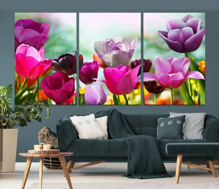 The Wall Art Colorful Flowers Panoramic Canvas Print showcases gallery-wrapped museum-quality canvases with a UV-protective coating for enduring beauty.