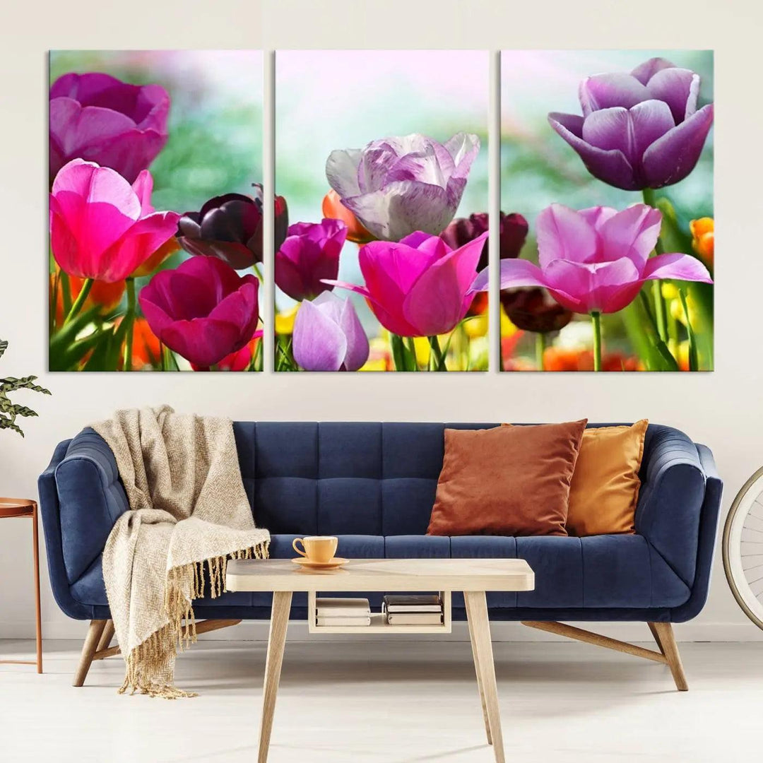 The Wall Art Colorful Flowers Panoramic Canvas Print showcases gallery-wrapped museum-quality canvases with a UV-protective coating for enduring beauty.