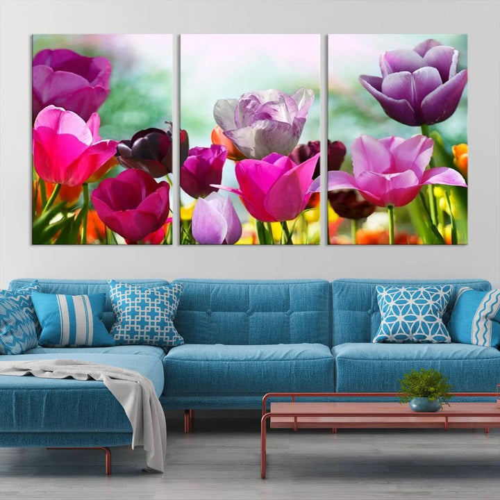 The Wall Art Colorful Flowers Panoramic Canvas Print showcases gallery-wrapped museum-quality canvases with a UV-protective coating for enduring beauty.