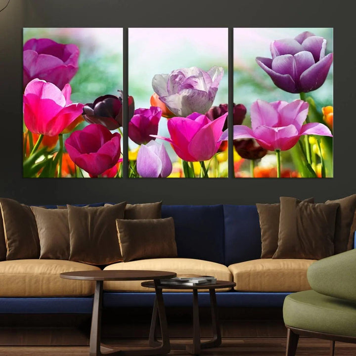 The Wall Art Colorful Flowers Panoramic Canvas Print showcases gallery-wrapped museum-quality canvases with a UV-protective coating for enduring beauty.