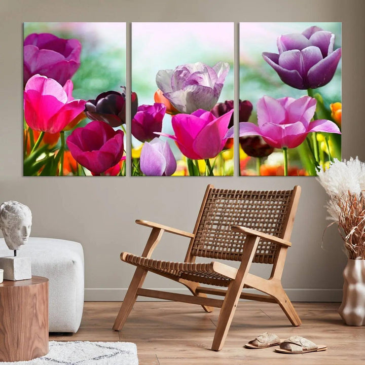 The Wall Art Colorful Flowers Panoramic Canvas Print showcases gallery-wrapped museum-quality canvases with a UV-protective coating for enduring beauty.