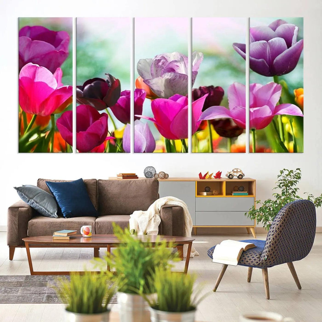 The Wall Art Colorful Flowers Panoramic Canvas Print showcases gallery-wrapped museum-quality canvases with a UV-protective coating for enduring beauty.