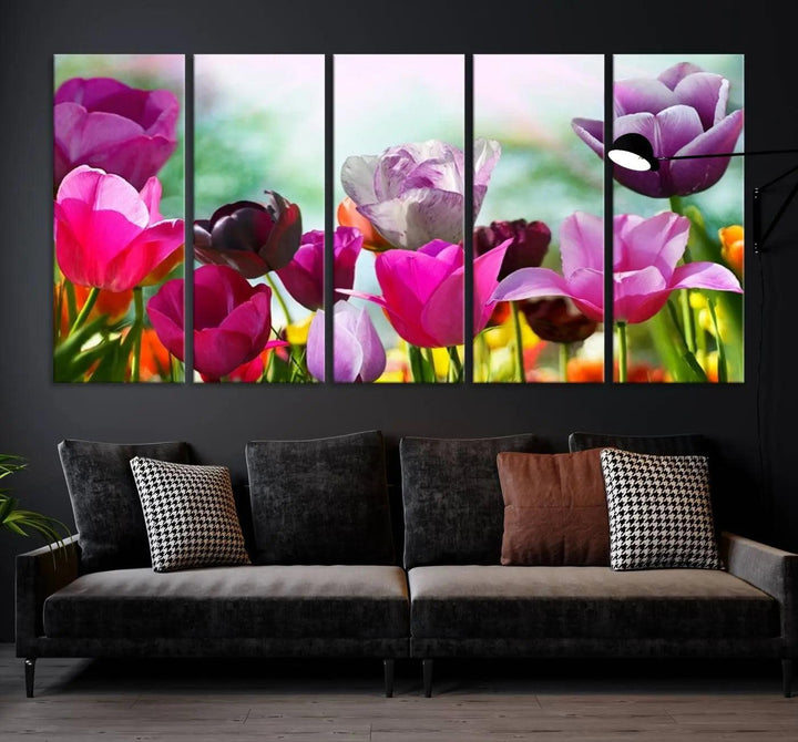 The Wall Art Colorful Flowers Panoramic Canvas Print showcases gallery-wrapped museum-quality canvases with a UV-protective coating for enduring beauty.