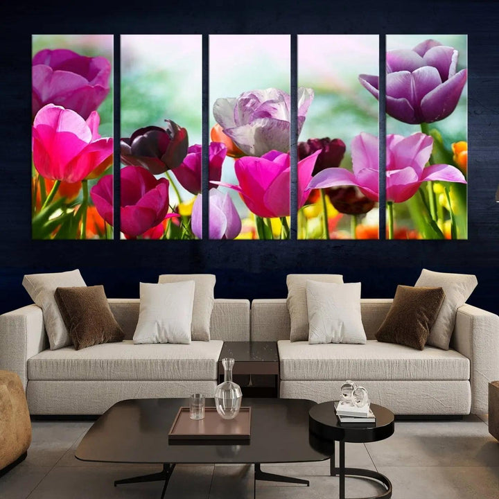 The Wall Art Colorful Flowers Panoramic Canvas Print showcases gallery-wrapped museum-quality canvases with a UV-protective coating for enduring beauty.