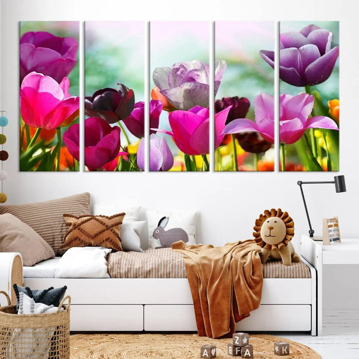 The Wall Art Colorful Flowers Panoramic Canvas Print showcases gallery-wrapped museum-quality canvases with a UV-protective coating for enduring beauty.