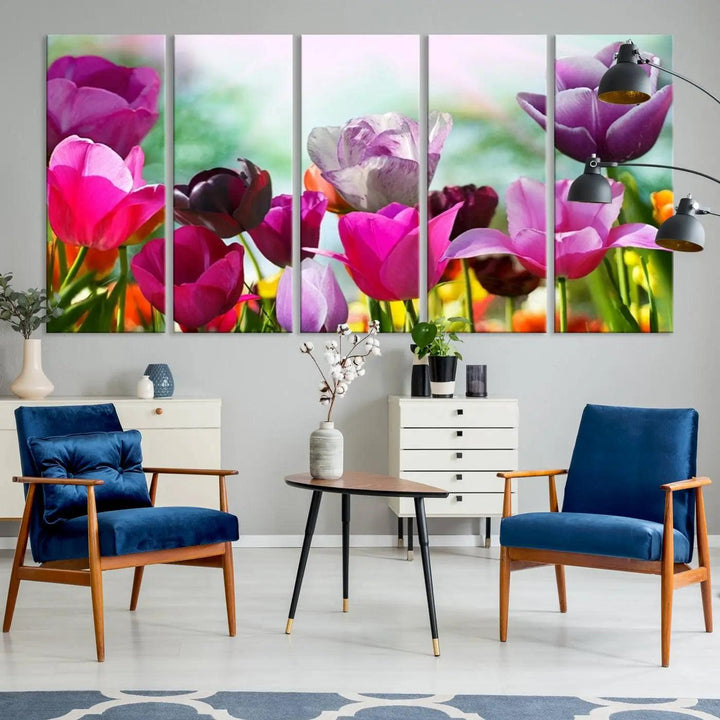 The Wall Art Colorful Flowers Panoramic Canvas Print showcases gallery-wrapped museum-quality canvases with a UV-protective coating for enduring beauty.