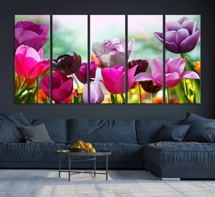 The Wall Art Colorful Flowers Panoramic Canvas Print showcases gallery-wrapped museum-quality canvases with a UV-protective coating for enduring beauty.