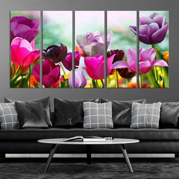 The Wall Art Colorful Flowers Panoramic Canvas Print showcases gallery-wrapped museum-quality canvases with a UV-protective coating for enduring beauty.