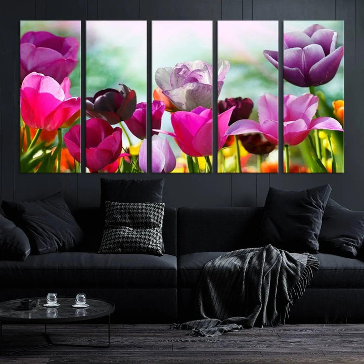 The Wall Art Colorful Flowers Panoramic Canvas Print showcases gallery-wrapped museum-quality canvases with a UV-protective coating for enduring beauty.