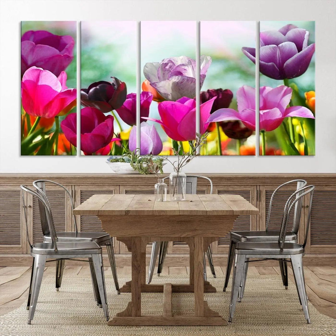 The Wall Art Colorful Flowers Panoramic Canvas Print showcases gallery-wrapped museum-quality canvases with a UV-protective coating for enduring beauty.