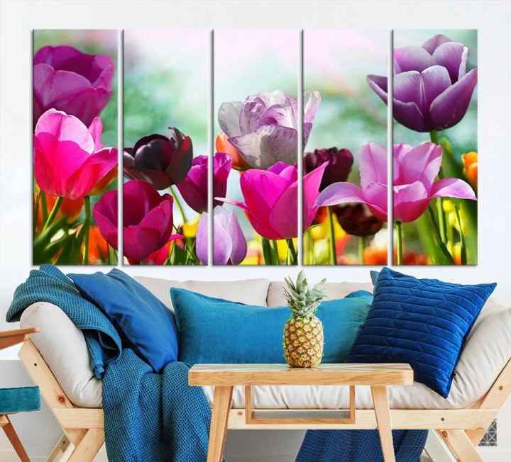 The Wall Art Colorful Flowers Panoramic Canvas Print showcases gallery-wrapped museum-quality canvases with a UV-protective coating for enduring beauty.