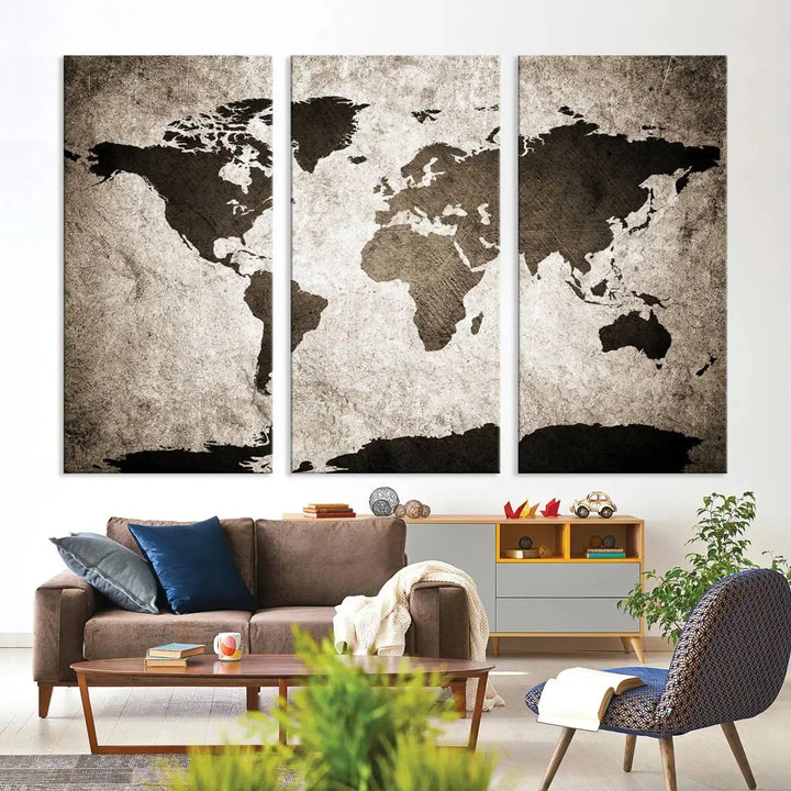 The living room features the "Wall Art Dark World Map on Light Background Canvas Print," a three-panel masterpiece crafted from museum-quality canvases with a UV-protective coating.