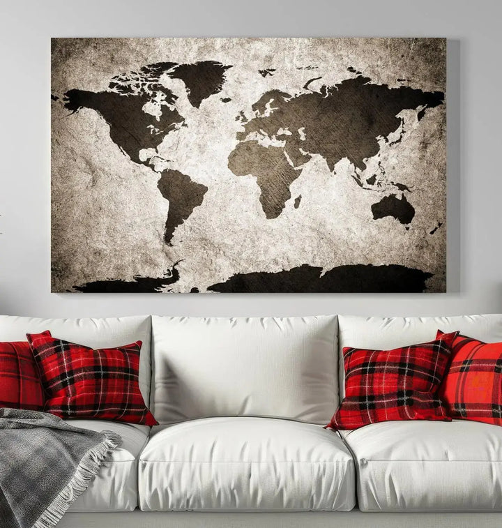 The living room features the "Wall Art Dark World Map on Light Background Canvas Print," a three-panel masterpiece crafted from museum-quality canvases with a UV-protective coating.