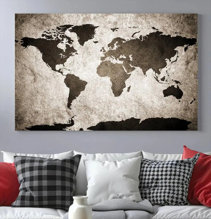 The living room features the "Wall Art Dark World Map on Light Background Canvas Print," a three-panel masterpiece crafted from museum-quality canvases with a UV-protective coating.