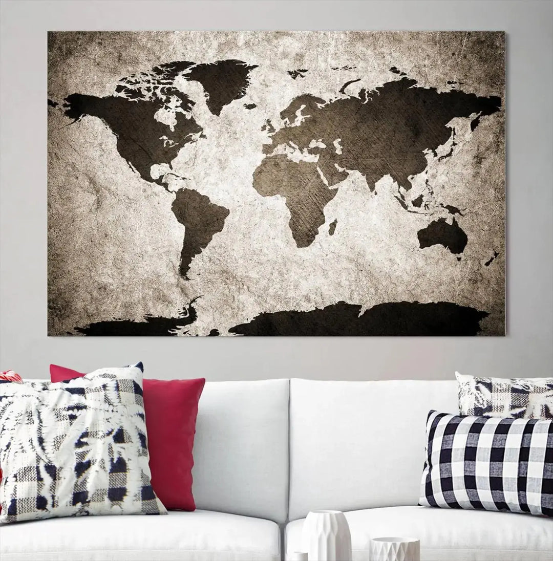 The living room features the "Wall Art Dark World Map on Light Background Canvas Print," a three-panel masterpiece crafted from museum-quality canvases with a UV-protective coating.