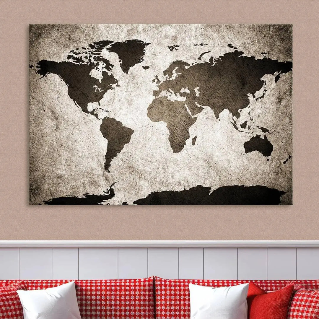 The living room features the "Wall Art Dark World Map on Light Background Canvas Print," a three-panel masterpiece crafted from museum-quality canvases with a UV-protective coating.