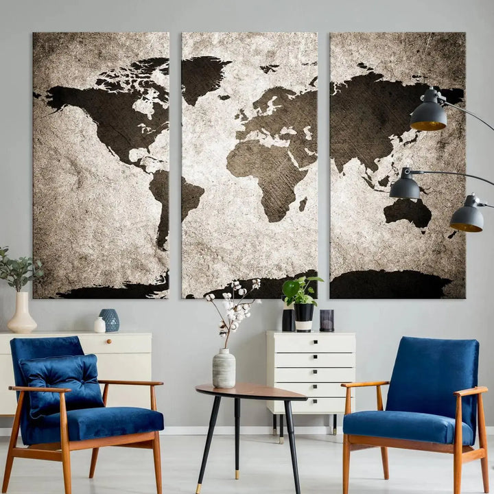 The living room features the "Wall Art Dark World Map on Light Background Canvas Print," a three-panel masterpiece crafted from museum-quality canvases with a UV-protective coating.