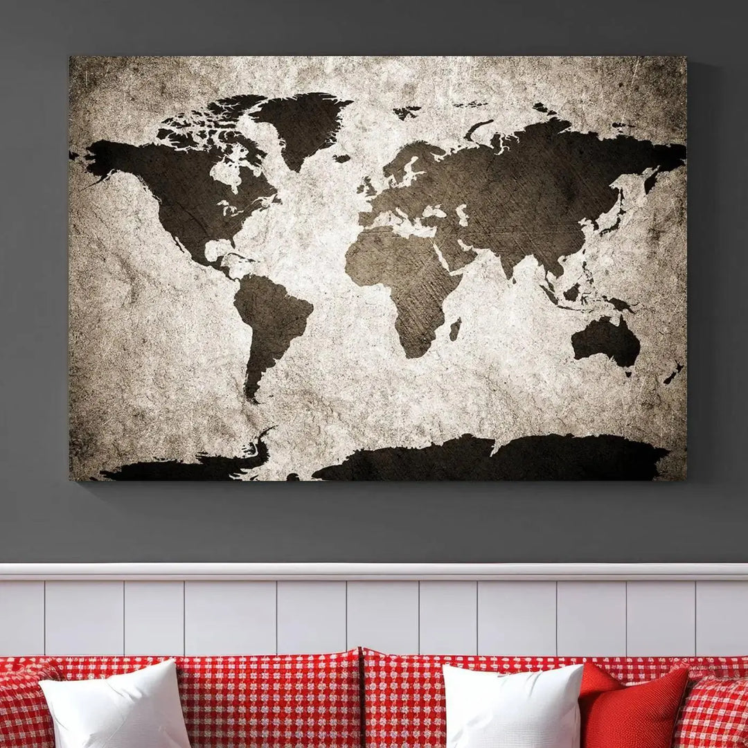 The living room features the "Wall Art Dark World Map on Light Background Canvas Print," a three-panel masterpiece crafted from museum-quality canvases with a UV-protective coating.