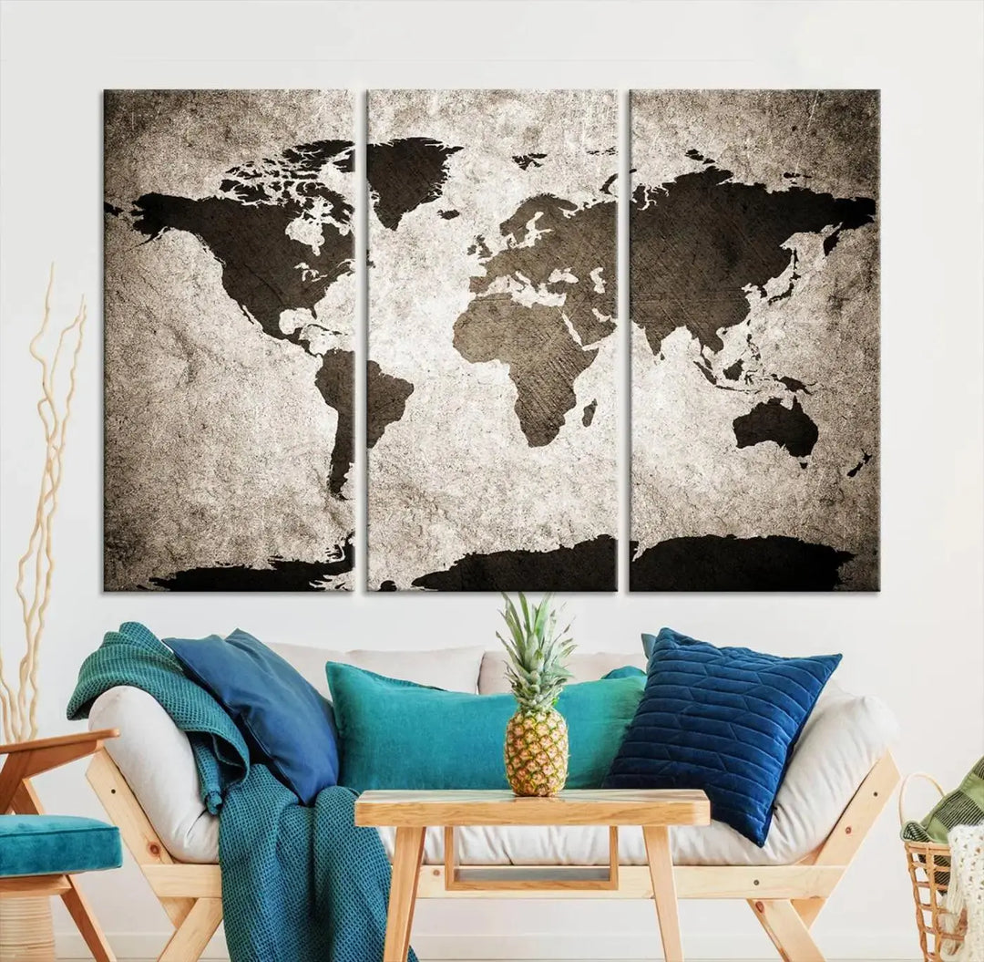 The living room features the "Wall Art Dark World Map on Light Background Canvas Print," a three-panel masterpiece crafted from museum-quality canvases with a UV-protective coating.