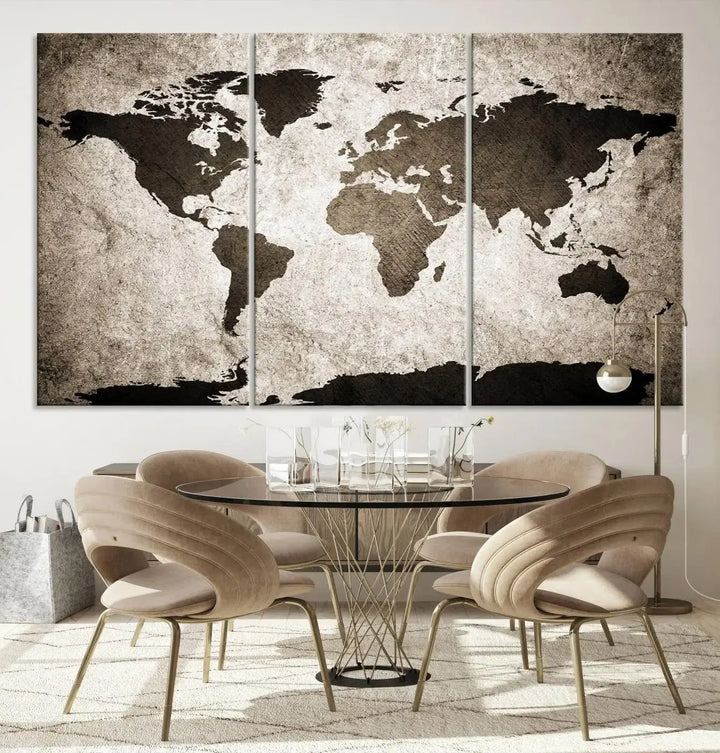 The living room features the "Wall Art Dark World Map on Light Background Canvas Print," a three-panel masterpiece crafted from museum-quality canvases with a UV-protective coating.