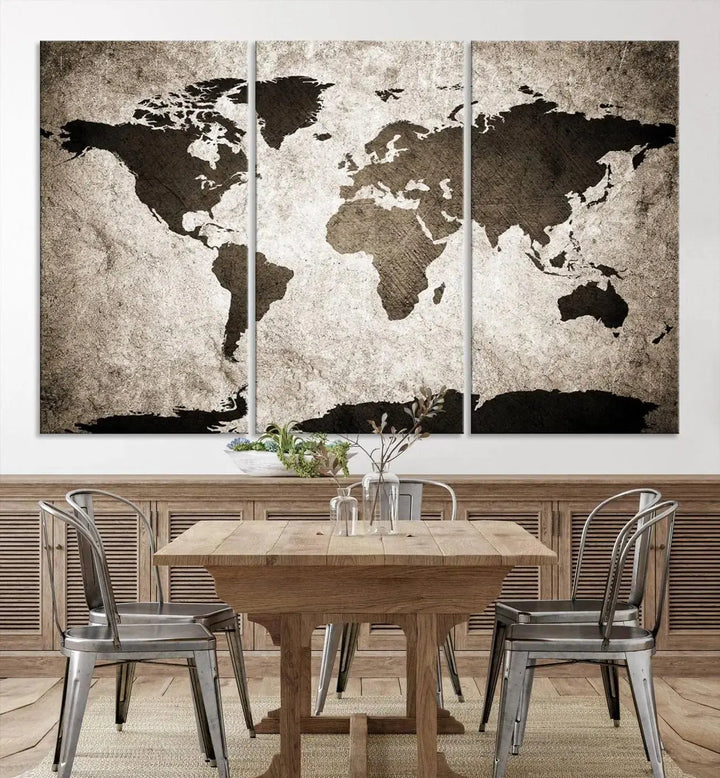 The living room features the "Wall Art Dark World Map on Light Background Canvas Print," a three-panel masterpiece crafted from museum-quality canvases with a UV-protective coating.