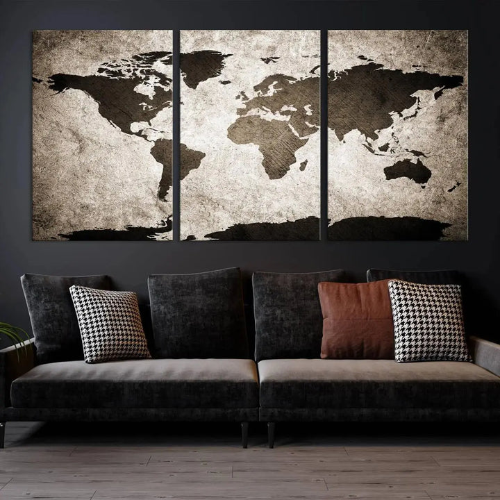 The living room features the "Wall Art Dark World Map on Light Background Canvas Print," a three-panel masterpiece crafted from museum-quality canvases with a UV-protective coating.